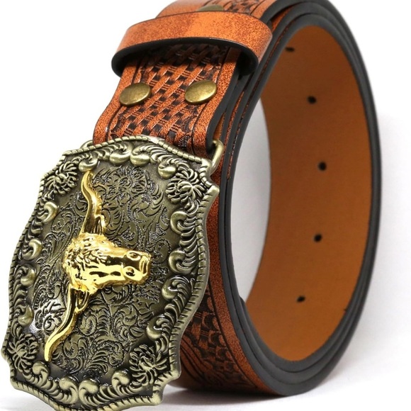 Brown Leather Belt with Gold Buckle - Picture 3 of 6